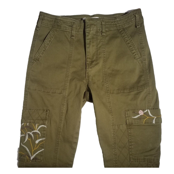 Anthropologie Women’s Floral Print Embroidered Green Cargo Pants Size 28 - Picture 1 of 6